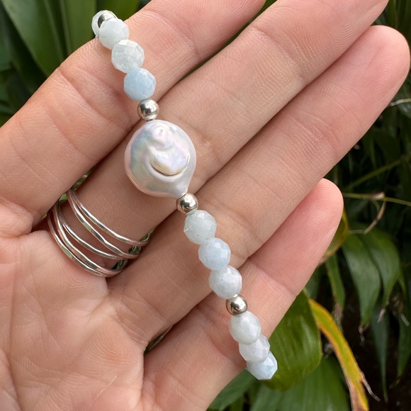 Faceted Aquamarine Freshwater Pearl .925 Sterling Silver Bracelet Handmade - Picture 3 of 7